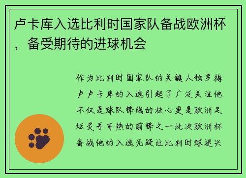 卢卡库入选比利时国家队备战欧洲杯，备受期待的进球机会
